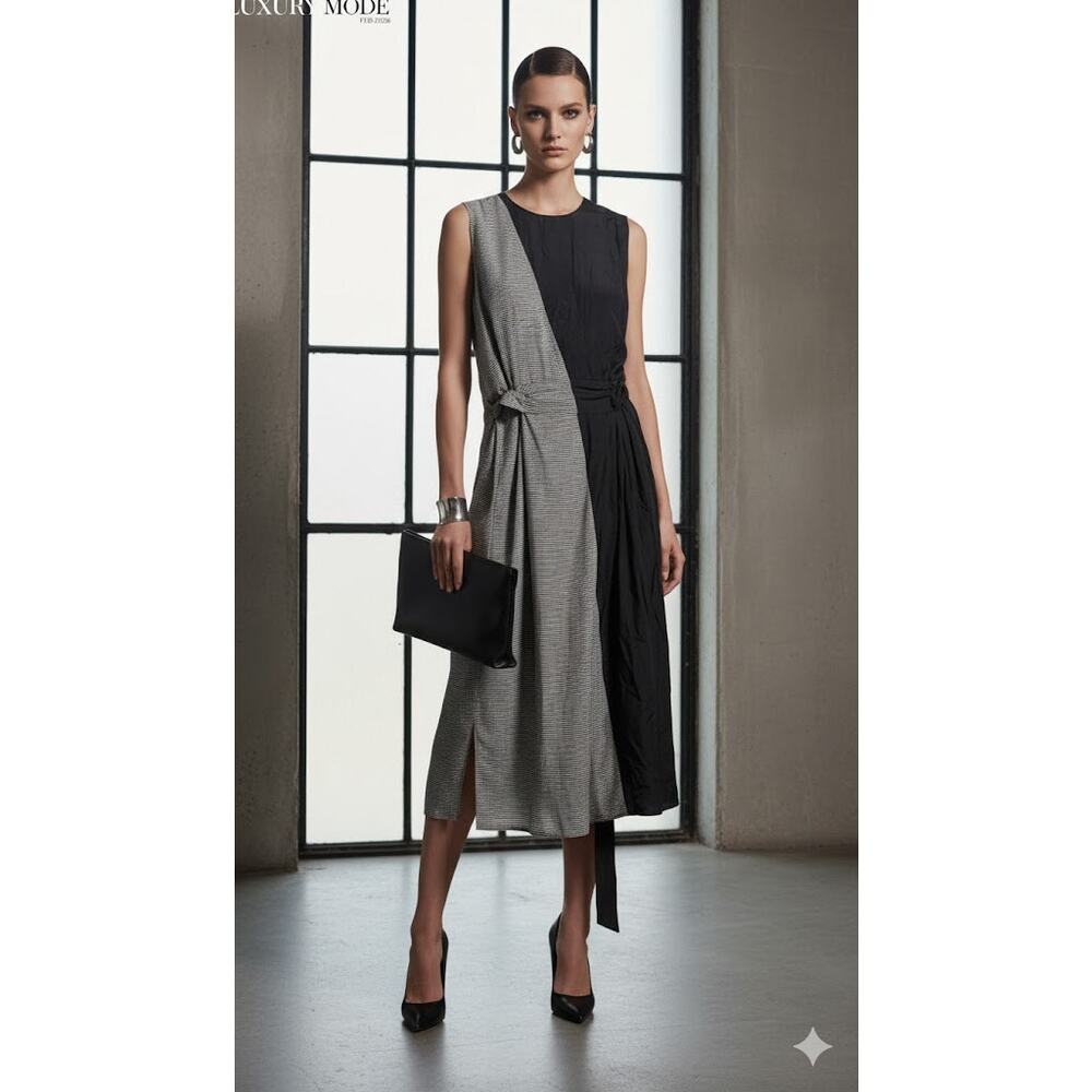 Akris NWT Two-Tone Mixed Media Stripe Sleeveless Midi Dress Size 14 NEW
